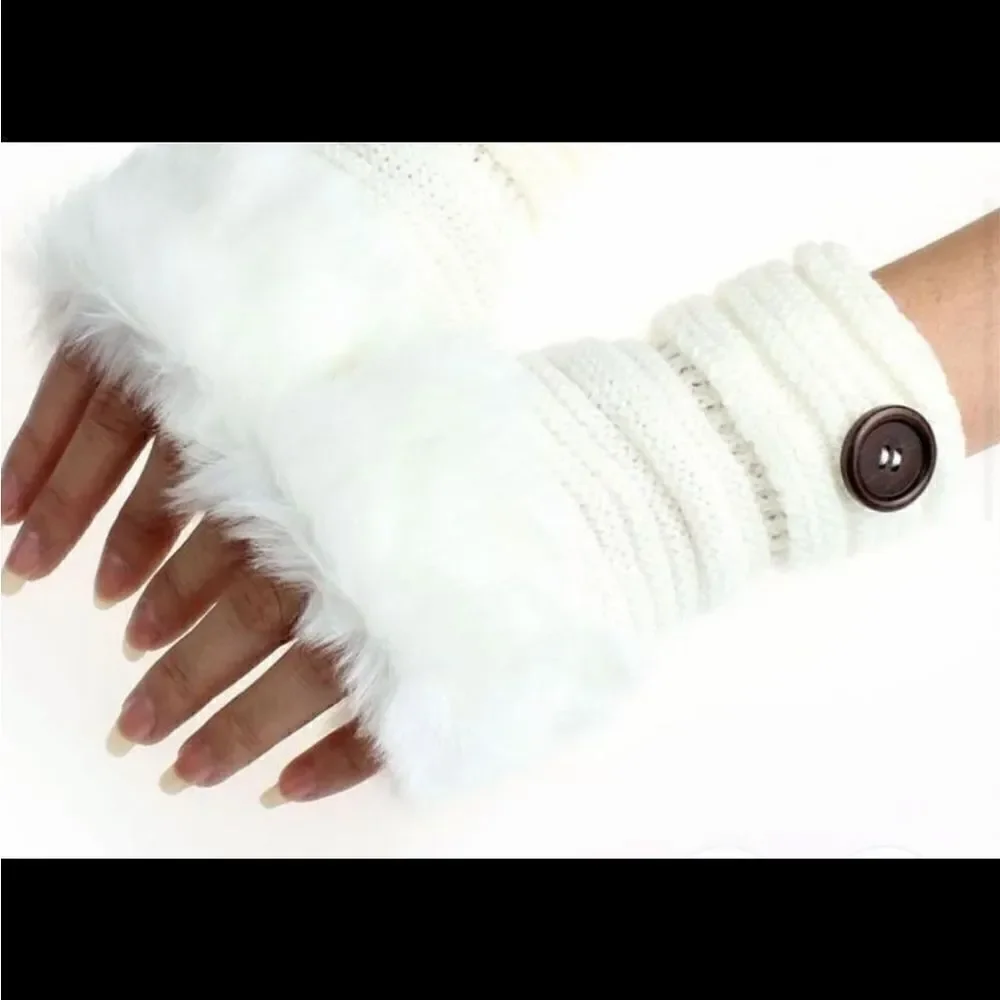 Fingerless,  knitted gloves faux rabbit fur super cute .